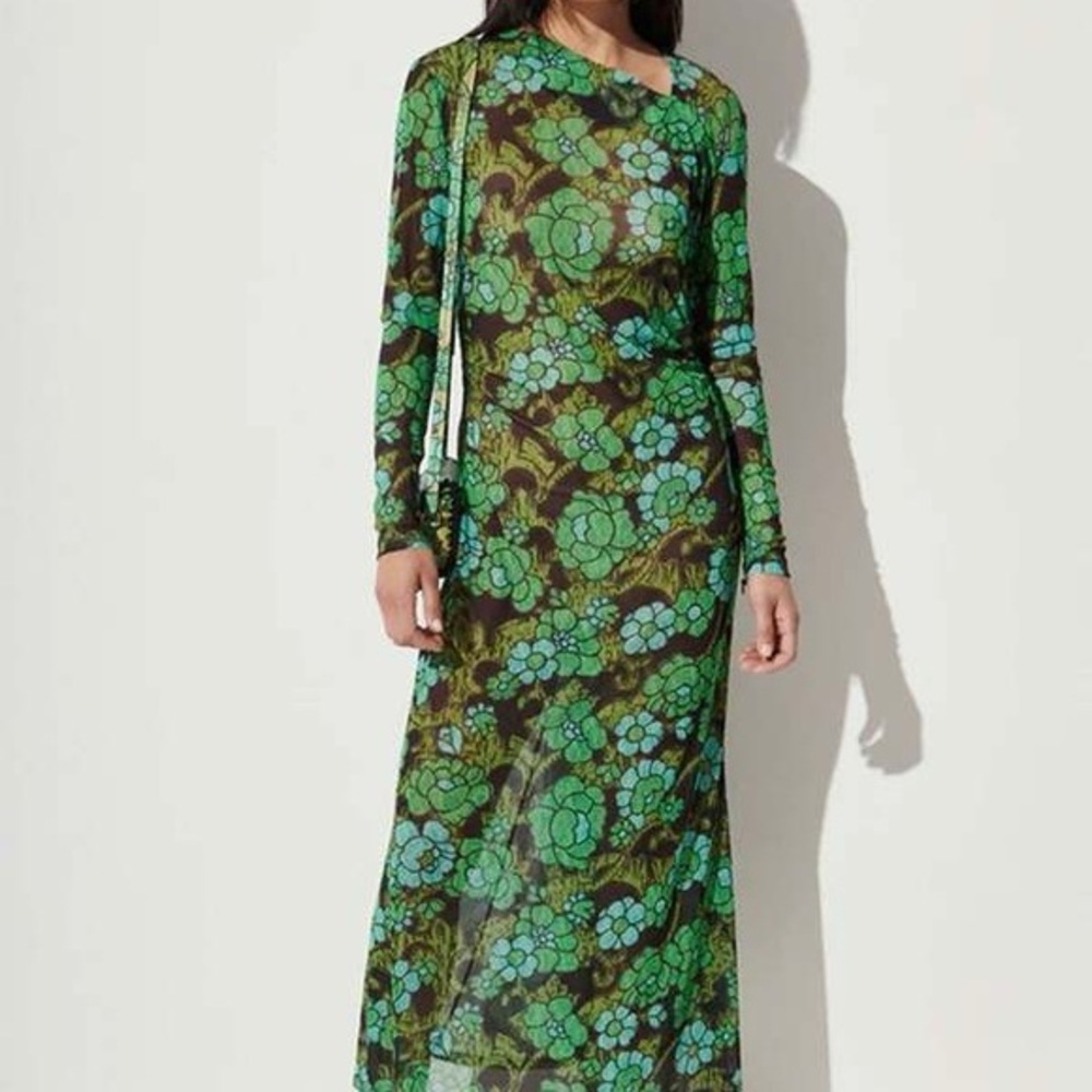 RACHEL COMEY Surveillance Lotus Mesh Dress Black Green Floral Long Sleeve XS